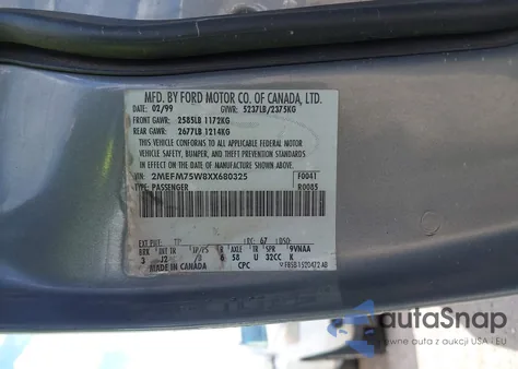 1999 Mercury Grand Marquis Ls z USA, uszkodzony, nr VIN 2MEFM75W8XX680325